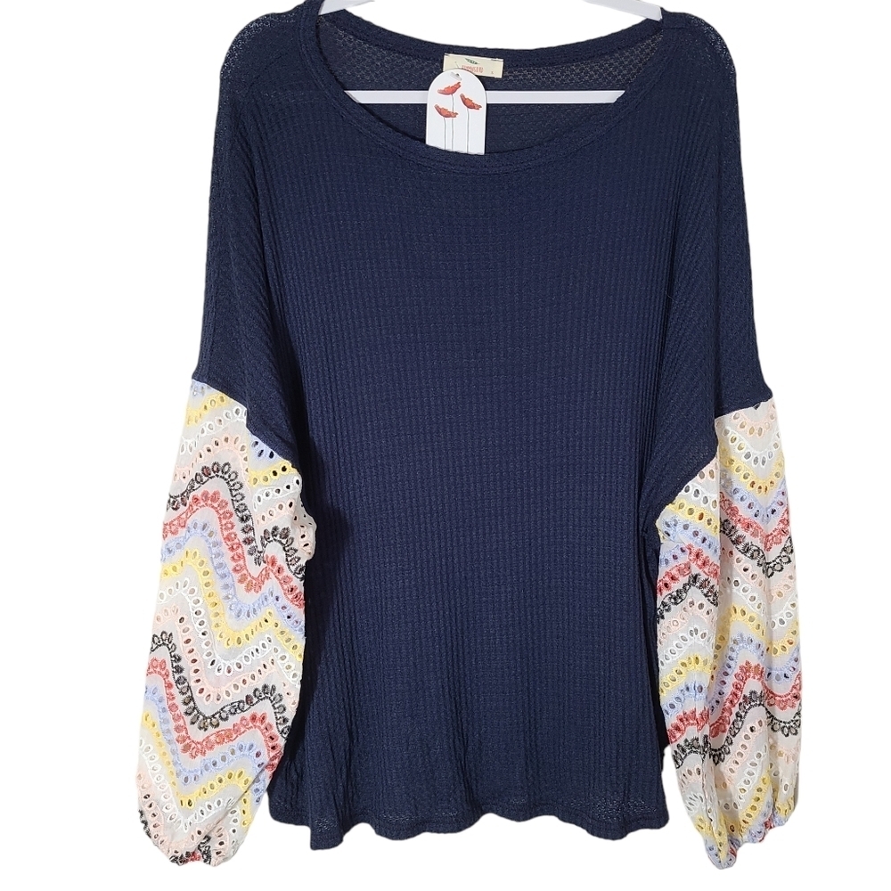 Hummingbird size Small Oversized thermal waffle‎ top eyelet lace sleeves boho